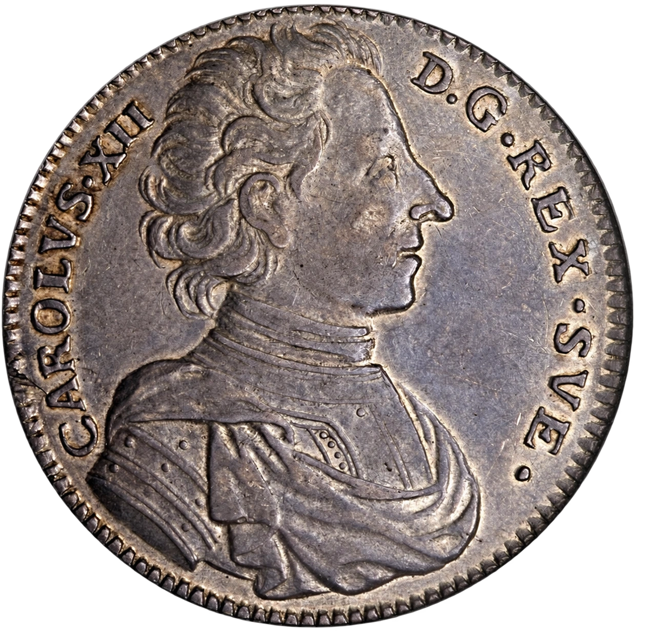 Аверс: 1 риксдалер 1713 года LC. Карл XII, тип III
