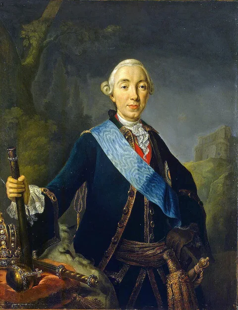 Портрет правителя эпохи — Пётр III; вместо фотографии: 1 рубль 1762 года. Московский тип